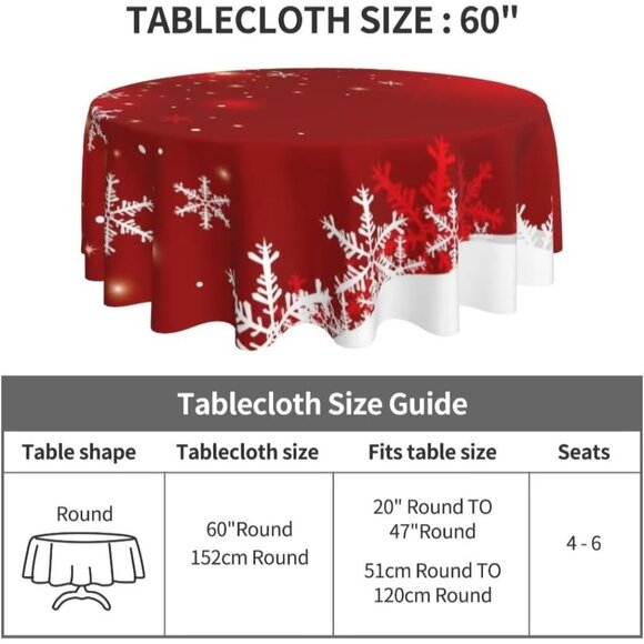 Beautiful Red and White 60-Inch Round Christmas Tablecloth - Easy Care Fabric - Picture 3 of 6